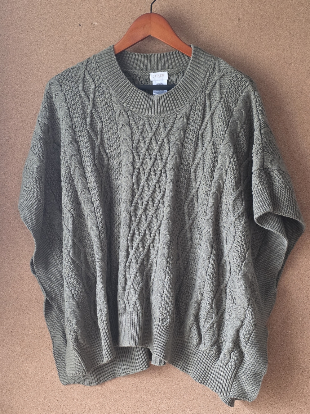 J.Crew Cable Knit Fisherman Poncho Sweater Olive Green Open Side Cape OS